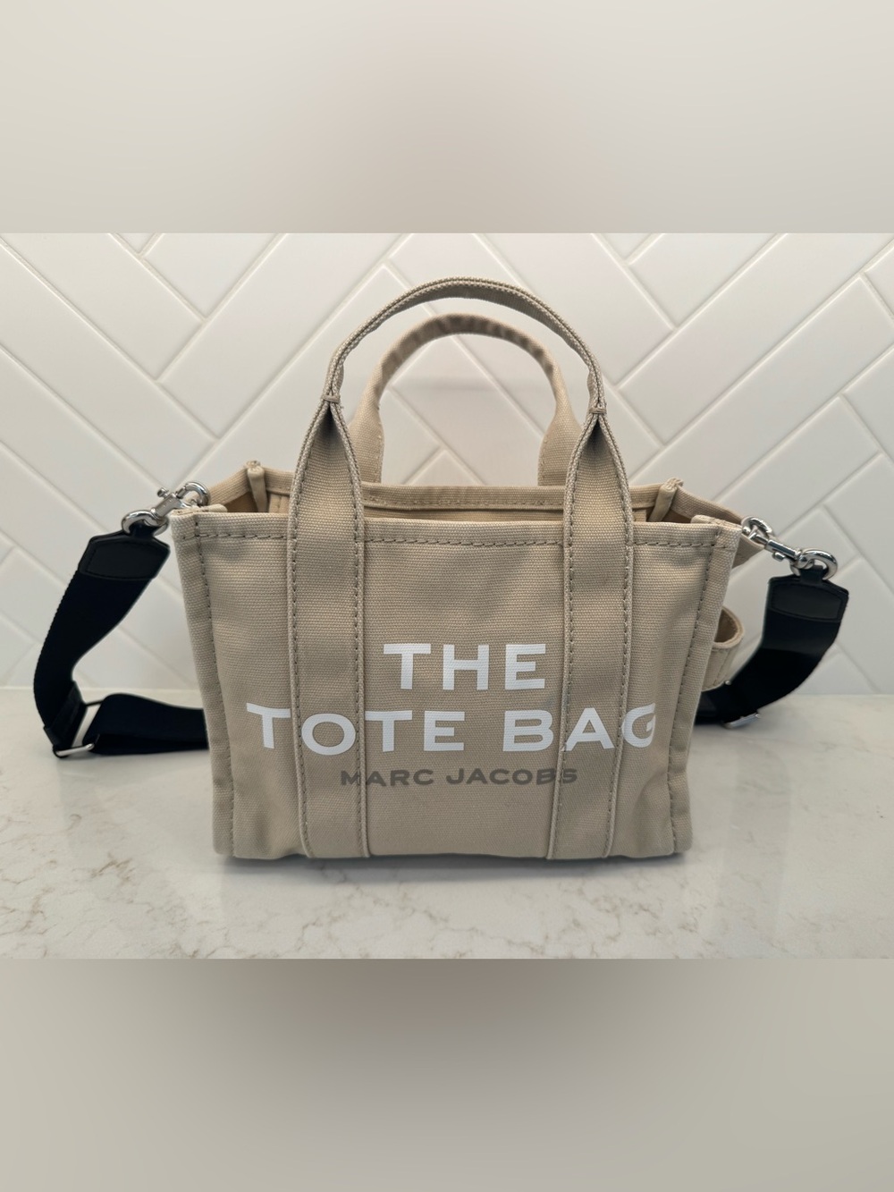 Marc Jacobs Beige Canvas Small Tote with Black Strap